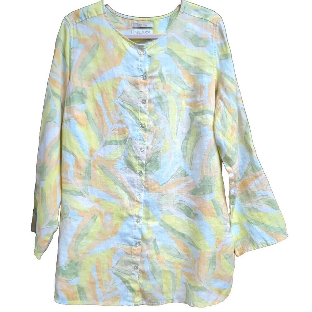 Rachel Zoe 100% Linen Tunic Shirt‎ Button Up Pastel Floral Roll Tab Plus Size 1X